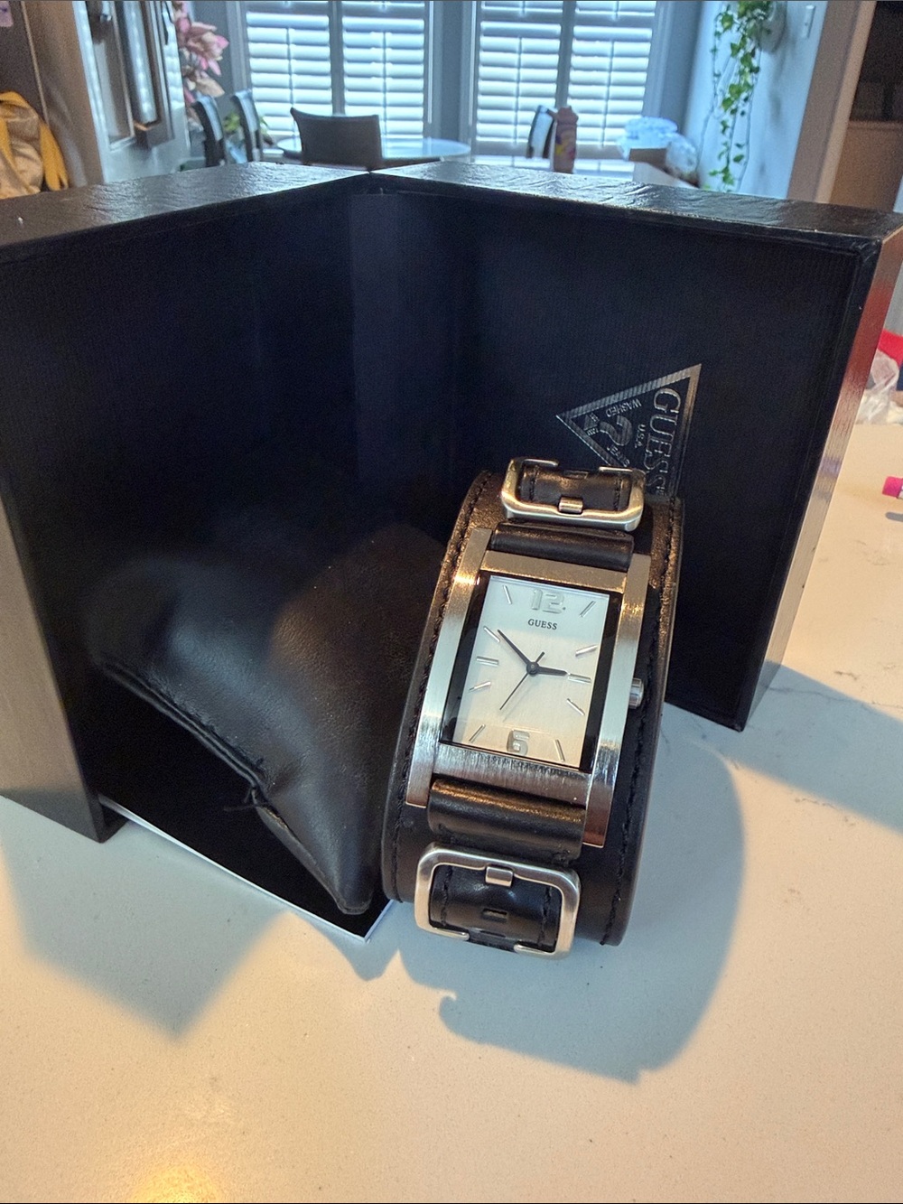Guess Black Leather Cuff Watch with Silver-Tone Case